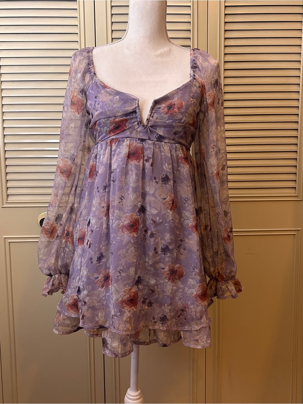 Lavender Floral Empire-Waist Mini Dress